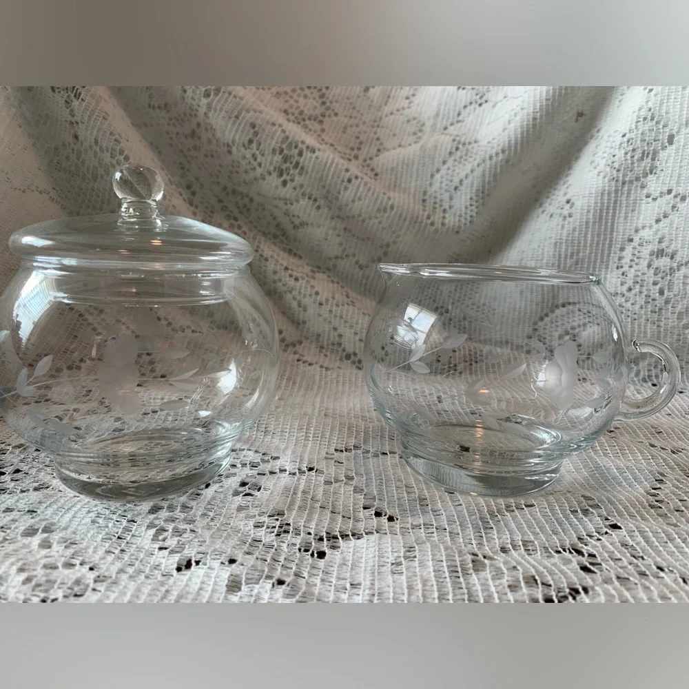 Princess House Heritage Etched Floral Clear Crystal Sugar Bowl W/Lid Creamer Set